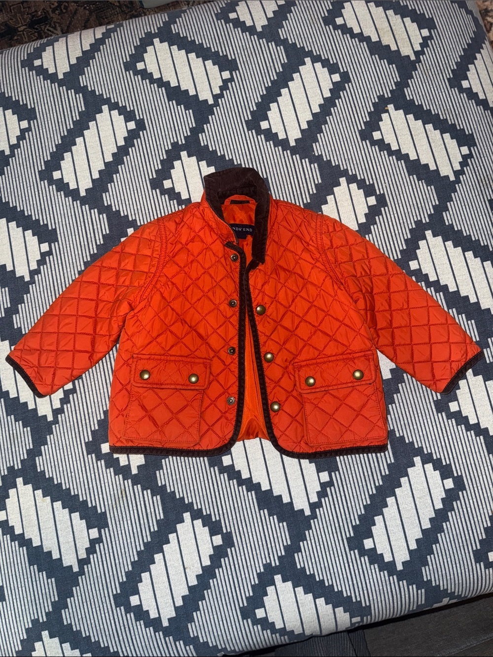 Lands' End Bright Orange Quilted Puffer Jacket with Brown Corduroy Trim